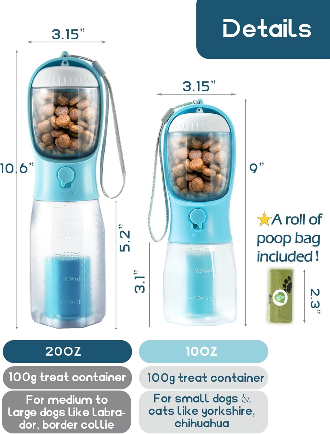 Portable Dog Water Bottle 3 in 1 Pet Travel Bowl Dispenser Treat Container