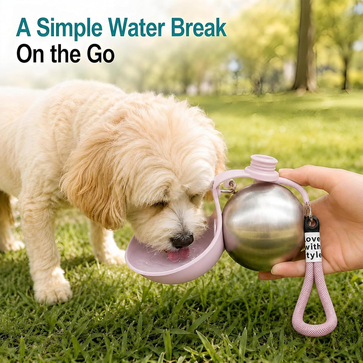 2 in 1 Dog Water Bottle Portable with Bowl, 10Oz Stainless Steel, Pink