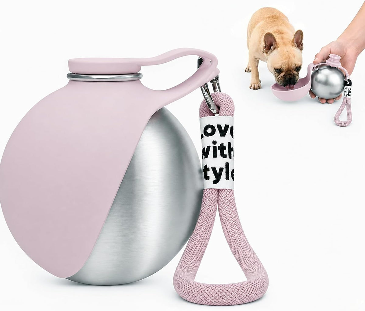 2 in 1 Dog Water Bottle Portable with Bowl, 10Oz Stainless Steel, Pink