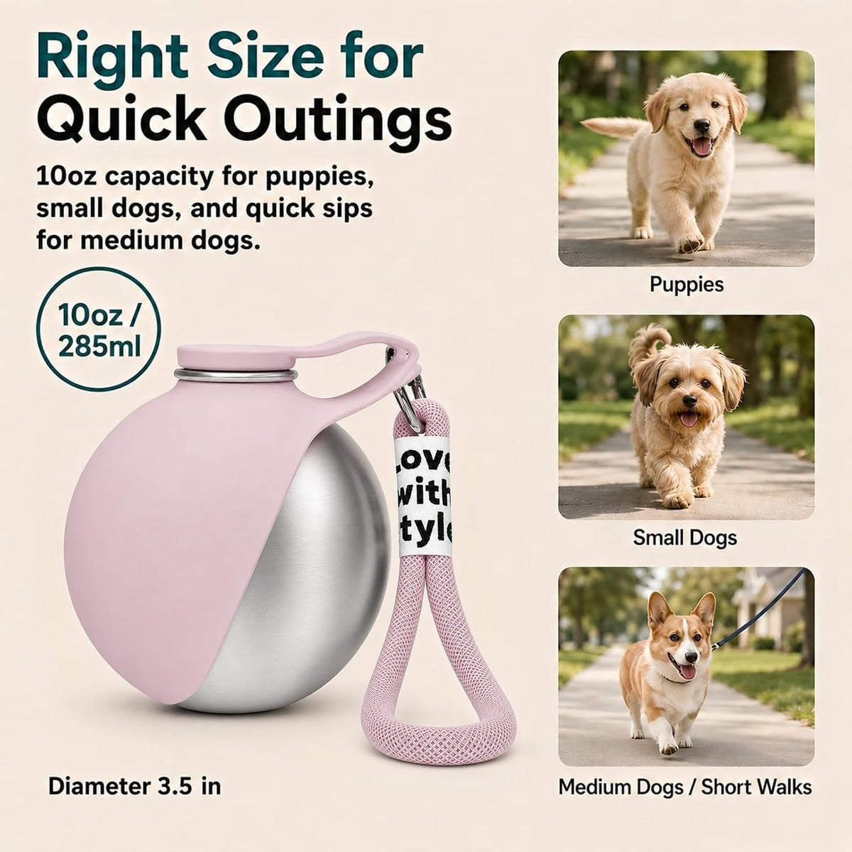 2 in 1 Dog Water Bottle Portable with Bowl, 10Oz Stainless Steel, Pink