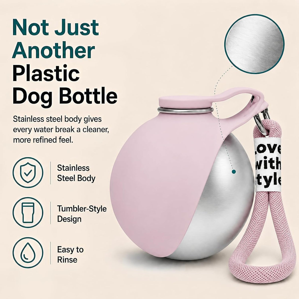 2 in 1 Dog Water Bottle Portable with Bowl, 10Oz Stainless Steel, Pink