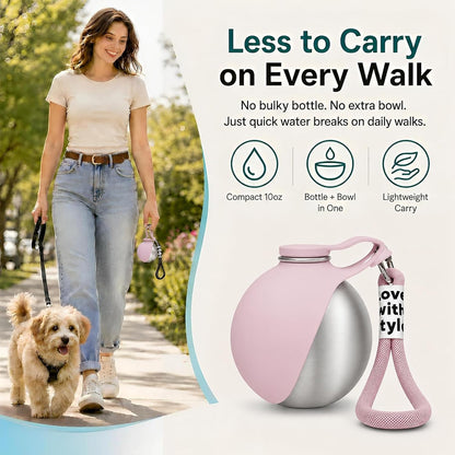 2 in 1 Dog Water Bottle Portable with Bowl, 10Oz Stainless Steel, Pink