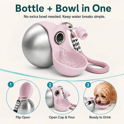 2 in 1 Dog Water Bottle Portable with Bowl, 10Oz Stainless Steel, Pink