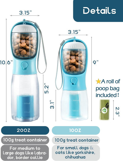Portable Dog Water Bottle 3 in 1 Pet Travel Bowl Dispenser Treat Container