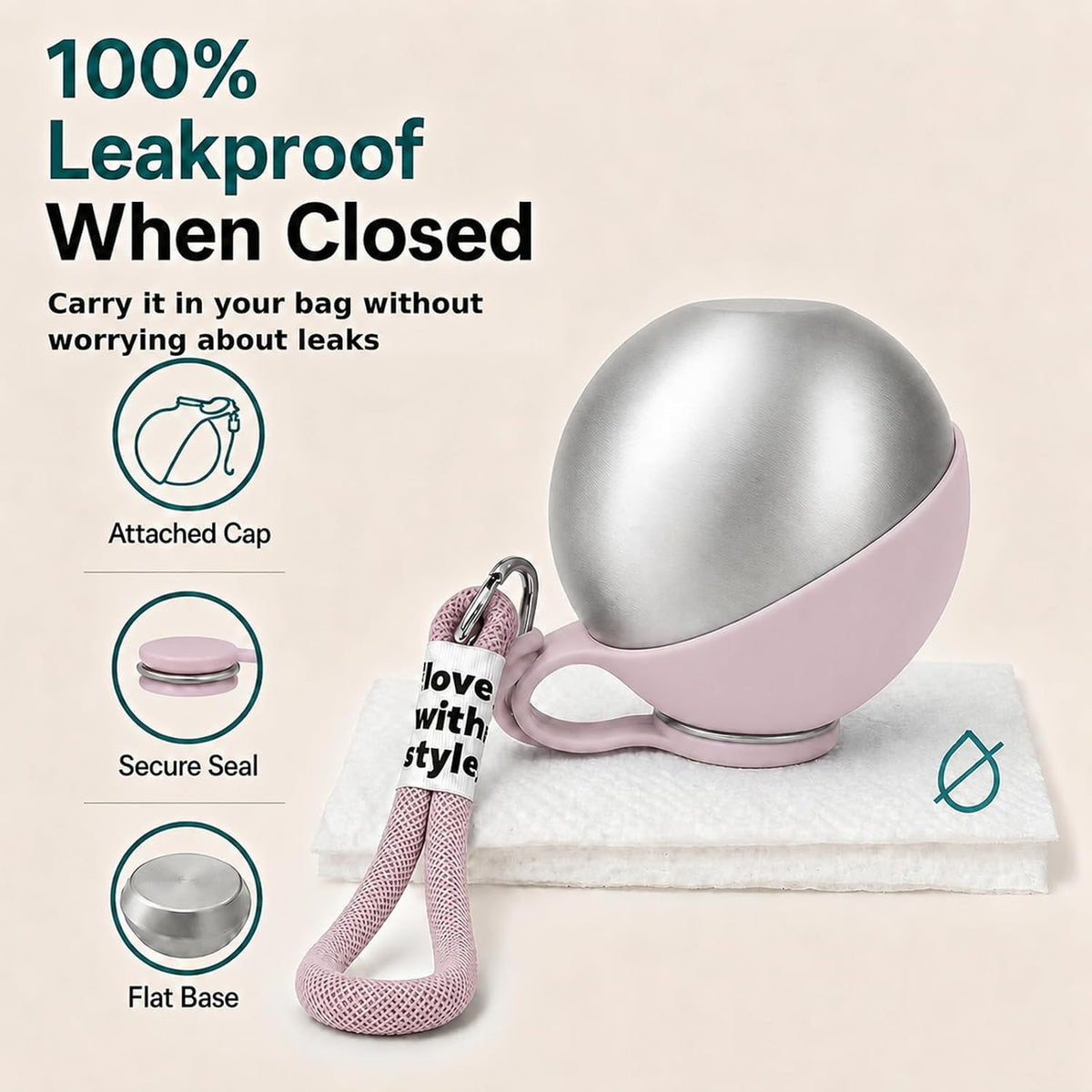 2 in 1 Dog Water Bottle Portable with Bowl, 10Oz Stainless Steel, Pink